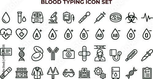 Blood typing medical outline icon set featuring laboratory diagnostics healthcare symbols for apps websites education presentations and clinical interface design