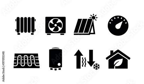 Renewable heating: radiator, heat pump unit, solar thermal panel, thermostat dial, underfloor heating grid, boiler tank, temperature arrows, eco house