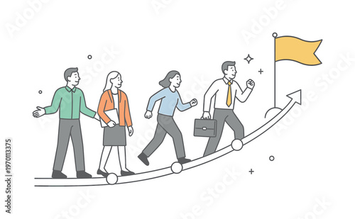 A structured continuous progress scenario where a team advances steadily through defined stages without interruptions toward a final objective, built