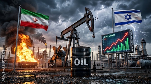 Oil Price Surge Amid Iran–Israel Conflict, Industrial Refinery Explosion and Global Energy Crisis Concept”