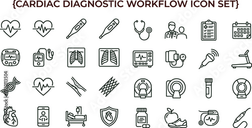 Cardiac diagnostic workflow outline icon set with cardiology imaging monitoring heart testing medical process symbols for healthcare apps dashboards interfaces