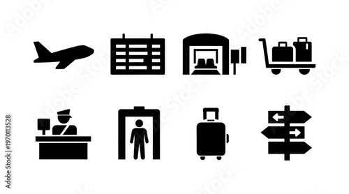 Airport navigation: airplane, departure board, boarding gate, luggage trolley, passport control booth, security scanner, suitcase, directional sign