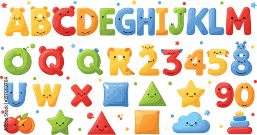 Colorful playful alphabet and numbers set with cartoon doodle style letters, shapes and symbols for kids education, nursery design, and learning materials