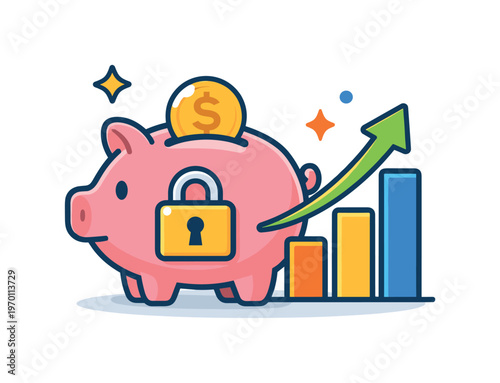 Financial planning and long-term savings strategy for personal stability and growth, a secure piggy bank combined with an upward arrow chart