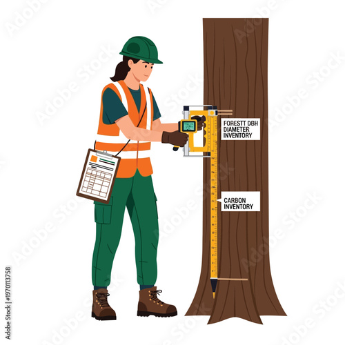 Forester uses a forest inventory tool to measure tree diameter and height for forest management and conservation efforts