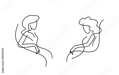 Psychologist profession. Psychotherapy session. A psychologist talks with a patient. Two women chat while sitting in chairs. Thin line illustration on a white background.