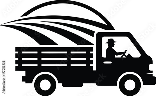 Farmer driving a truck with crops graphic with supply chain with black and white