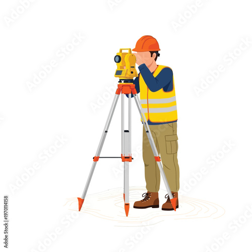 Surveyor operating a theodolite on a tripod, an illustration of a professional land surveyor performing topographical surveys