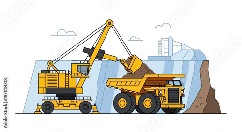 Yellow excavator loading heavy soil into a dump truck at an open-pit mine quarry