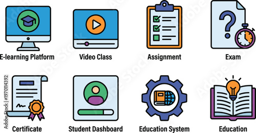 Education icon set vector e learning online course student dashboard video class exam certificate school flat design modern illustration pack