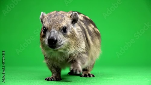 A small, furry rock hyrax, also known as a dassie, stands on a vibrant green screen background, looking directly at the viewer.