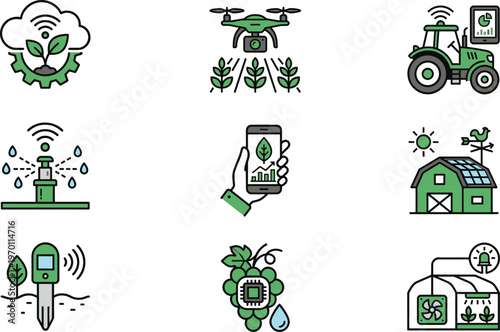Smart agriculture IoT icon set vector precision farming drone irrigation sensor agritech digital farm modern flat illustration pack