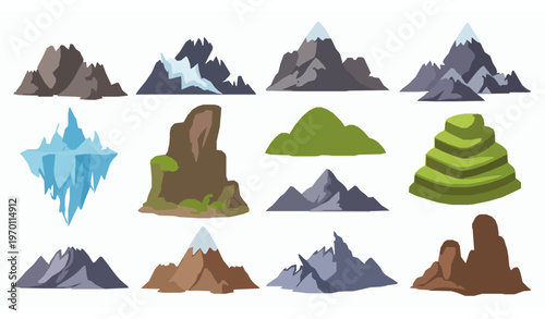 Cartoon mountain landscape vector set with snowy peaks hills cliffs and iceberg elements for hiking and travel maps