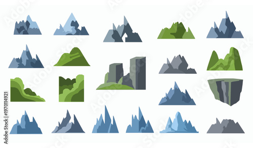 Flat mountain and hill landscape vector set with snowy peaks cliffs and hiking terrain elements for outdoor map design