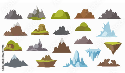 Cute cartoon mountain and hill vector set with snowy peaks cliffs and outdoor landscape elements for hiking illustration