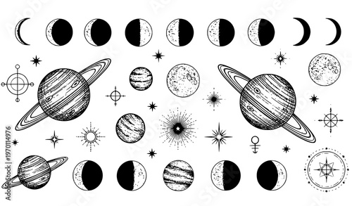 Vintage solar system engraving vector set with planets moon phases and celestial astrology symbols for tattoo design