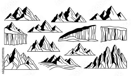 Abstract mountain silhouette vector set with rocky peaks hills cliffs and outdoor landscape shapes