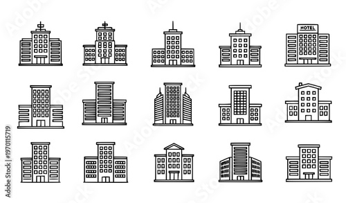 Line building icons vector set with hotel office skyscraper and city architecture outline symbols