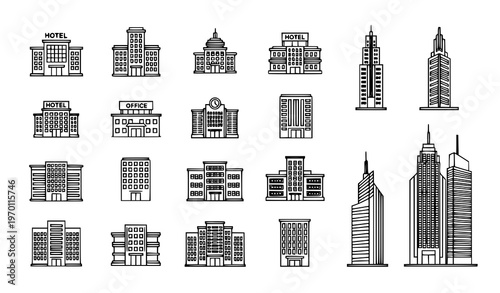 Modern city building outline icons vector set with hotel office apartment and skyscraper linear symbols