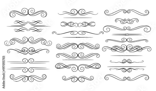 Vintage filigree swirl ornament vector set with decorative curls dividers and elegant flourish design elements
