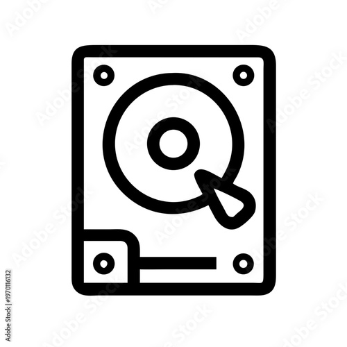 A black and white vector graphic illustration of a hard drive icon