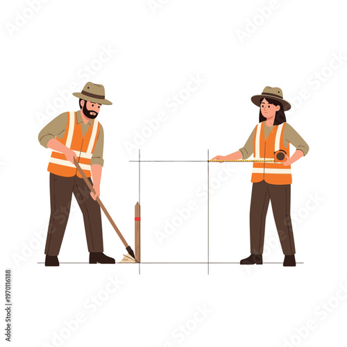 Two archaeologists carefully excavate a site, one using a broom and the other measuring with a tape measure, indicating meticulous research and discovery