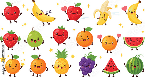 Cute fruit cartoon characters collection with smiling apple banana orange watermelon and berries, kawaii food mascot vector set isolated on white background