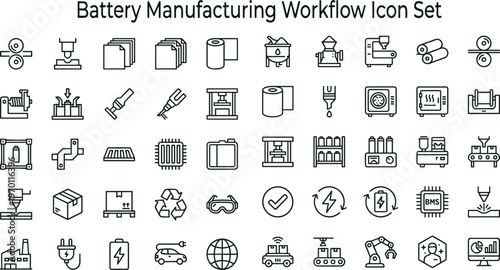 Battery manufacturing workflow outline icon set featuring production assembly automation quality control symbols for energy apps websites dashboards presentations interface design