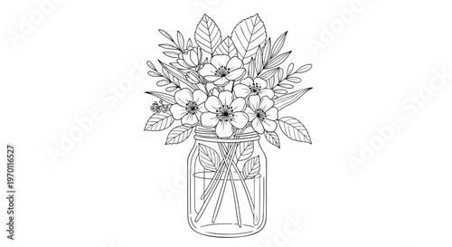 Floral bouquet, line art flowers, mason jar illustration, black and white vector