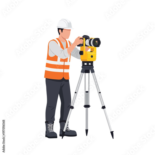 Surveyor in high-visibility vest operating a theodolite on a tripod, representing construction and surveying professions