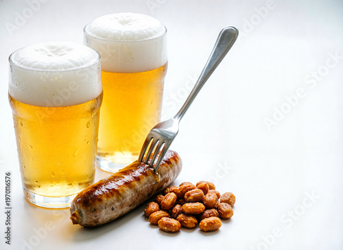 two beer mugs sausage on a fork, and a pile of roasted nuts isolated on white
