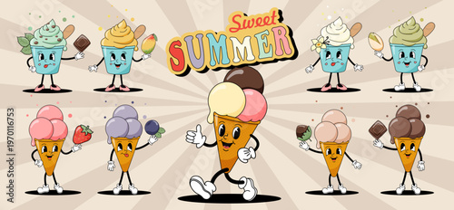 A set of cute cartoon ice cream characters in a cone and a cup. Retro design 60-70s, groovy hipster. Sweet summer with flavors of mango, vanilla, strawberries, chocolate, mint.