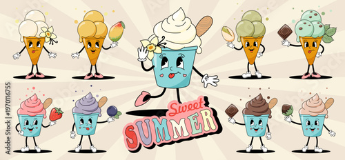 Characters in the form of ice cream, design of the 60-70s, groovy hipster. Ice cream with flavors of mango, vanilla, strawberries, pistachios, chocolate, mint.