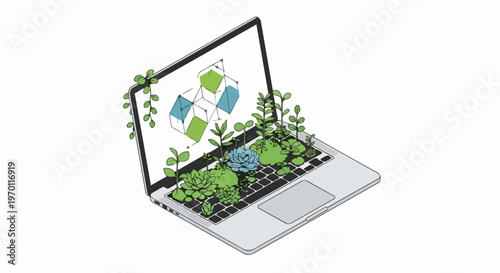 Green Technology Concept: Isometric Laptop with Succulent Plants Growing from Keyboard and Sustainable Network Graphic on Screen