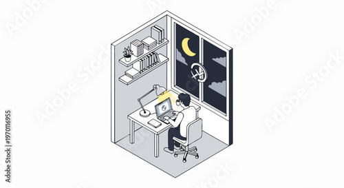 Isometric Illustration of a Man Working Late at Night in a Minimalist Home Office with Laptop and Desk Lamp
