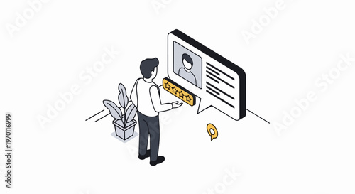 Isometric Illustration of a Man Reviewing a Digital Profile with 4-Star Rating; Recruitment, Hiring, and Customer Feedback Concept