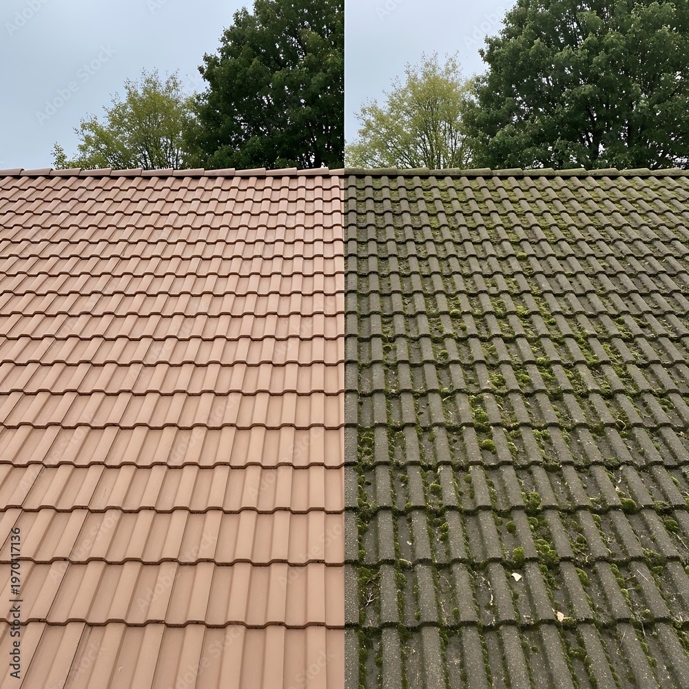 Naklejka premium Comparison of a dirty and cleaned roof with visible moss removal