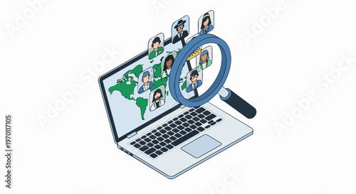 Isometric Illustration of Global Recruitment Concept: Laptop with World Map and Human Resources Icons under a Magnifying Glass