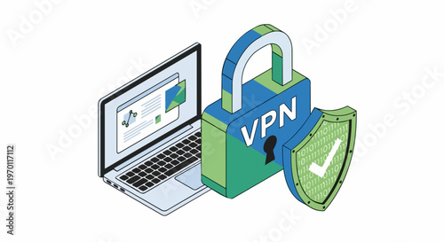 Isometric VPN Cyber Security Illustration with Laptop, Padlock, and Shield for Data Privacy and Secure Online Connection