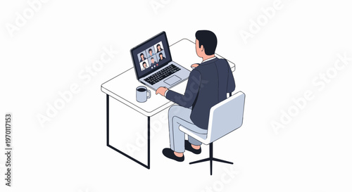 Isometric Businessman Having Video Conference Meeting on Laptop at Office Desk