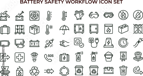 Battery safety workflow outline icon set featuring protection handling storage disposal warning symbols for energy apps websites dashboards presentations interface design