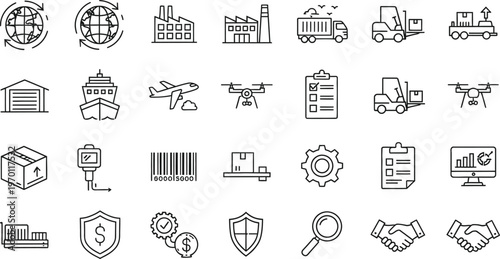 Global logistics and supply chain management line icon set