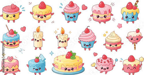 Cute kawaii dessert characters collection with cakes cupcakes and sweets, adorable cartoon food mascots vector set isolated on white background