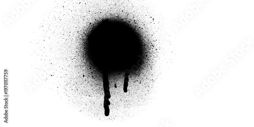 A single dark circular spot of black spray paint featuring artistic drips running down the center