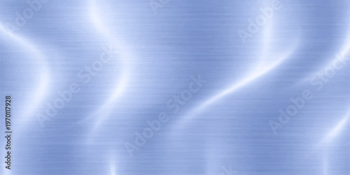 Polished stainless steel plate with an abstract blue wave background featuring a brushed metallic texture and shiny silver reflections under a bright spotlight design
