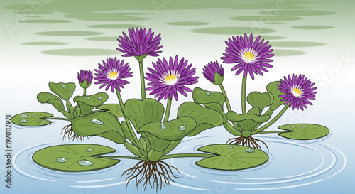 Vibrant purple water lilies floating on serene pond with lush green leaves and ripples in soft natural light
