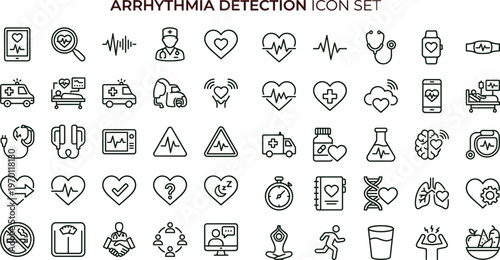 Arrhythmia detection outline icon set with heart rhythm monitoring ECG cardiology alert healthcare symbols for medical apps dashboards interfaces