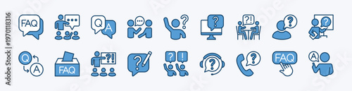 Set of FAQ icon. Contains chat speech bubble of questions, help, support, answers, problem, solution, discussion, phone call, talk, communication, comment, conversation, box - vector illustration
