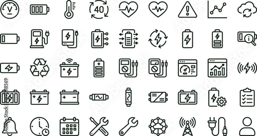 Battery energy monitoring outline icon set featuring charging diagnostics analytics performance symbols for dashboards apps websites presentations interface design