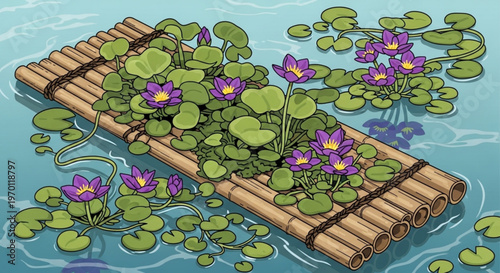 Bamboo raft floating on serene water with vibrant purple lotus flowers and lush green lily pads in a peaceful natural setting